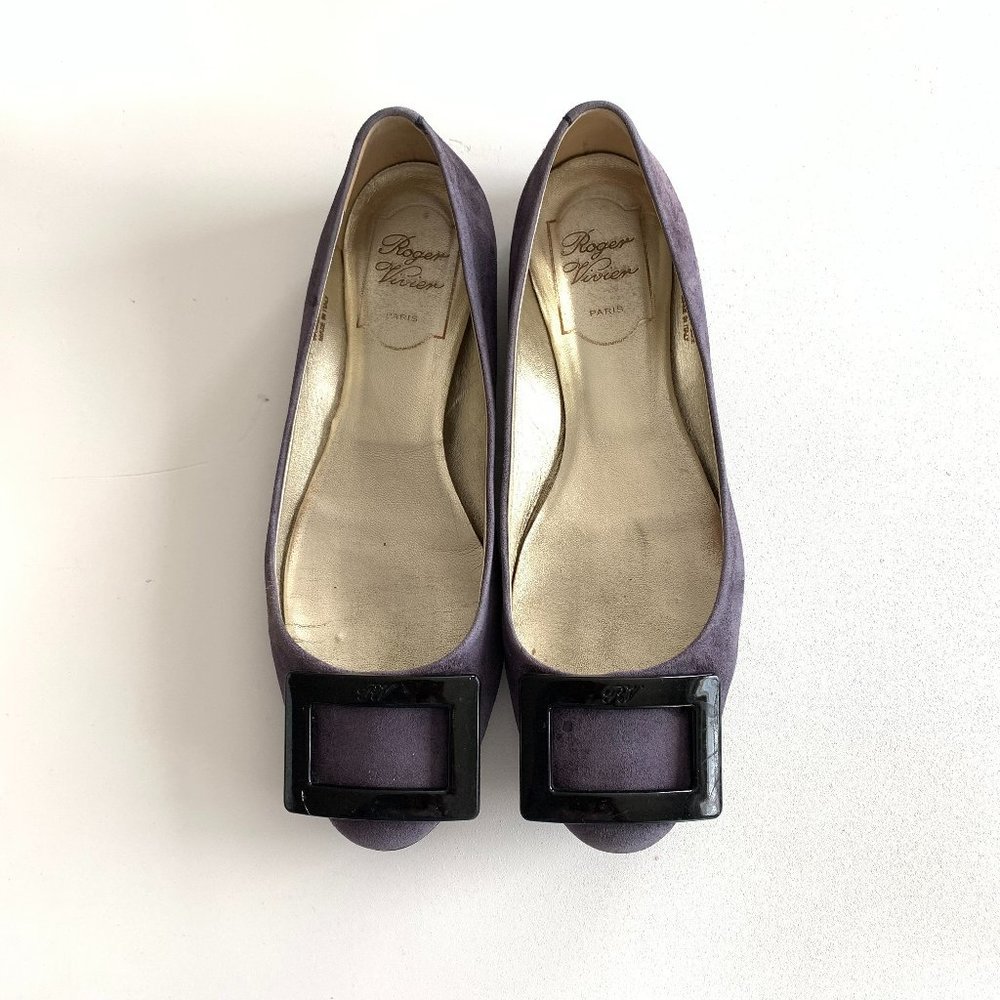 Roger Vivier Suede Gommette Buckle Ballet Flats Gray Blue